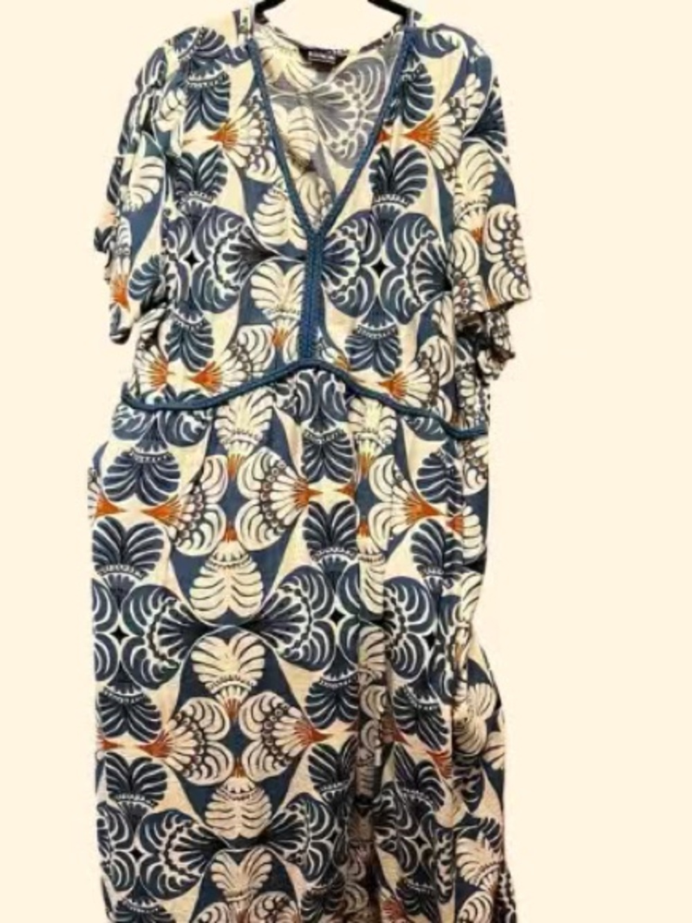 Printed V-Neck Maxi Dress - Blue & Cream